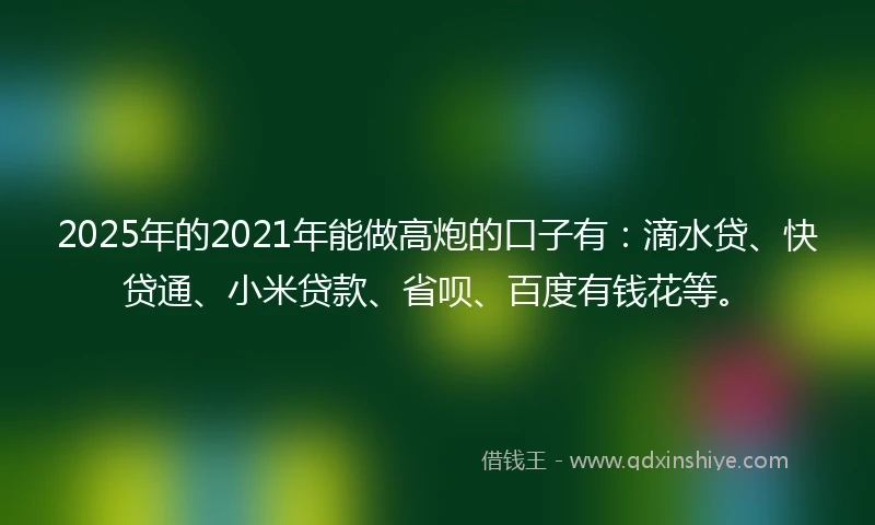 2025年的2021年能做高炮的口子有：滴水贷、快贷通、小米贷款、省呗、百度有钱花等。