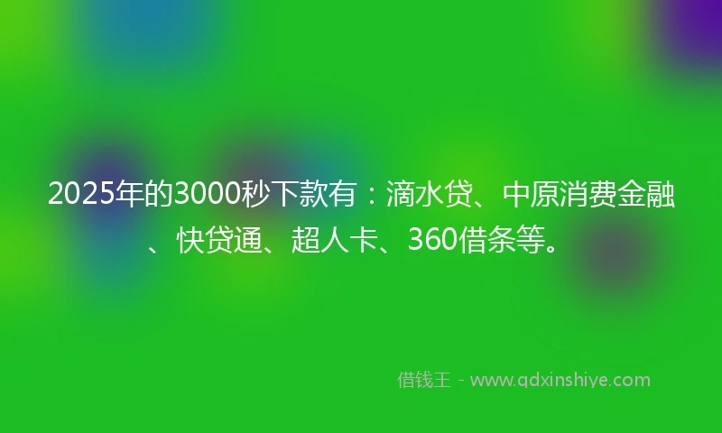 2025年的3000秒下款有：滴水贷、中原消费金融、快贷通、超人卡、360借条等。