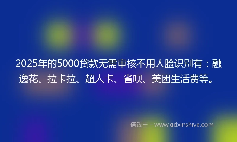 2025年的5000贷款无需审核不用人脸识别有：融逸花、拉卡拉、超人卡、省呗、美团生活费等。