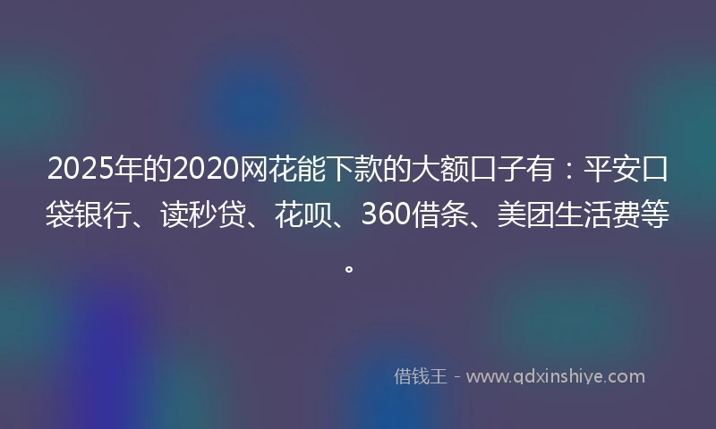 2025年的2020网花能下款的大额口子有：平安口袋银行、读秒贷、花呗、360借条、美团生活费等。