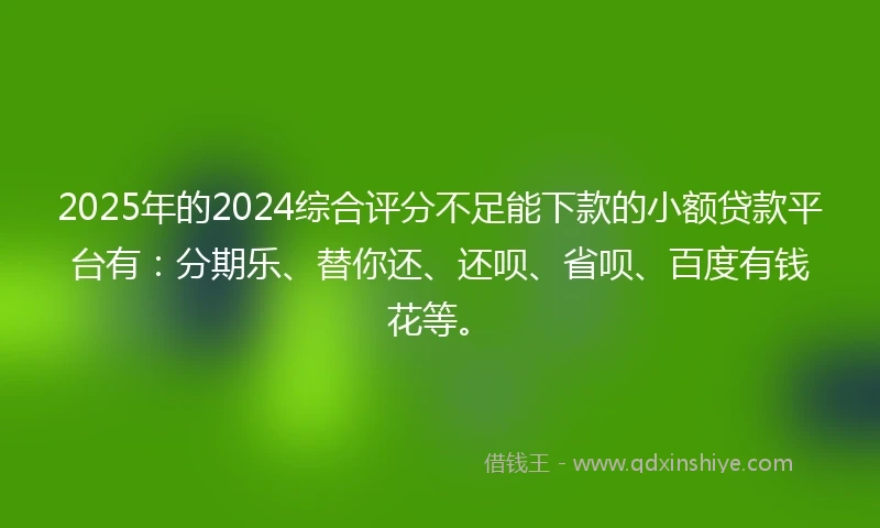 2025年的2024综合评分不足能下款的小额贷款平台有：分期乐、替你还、还呗、省呗、百度有钱花等。