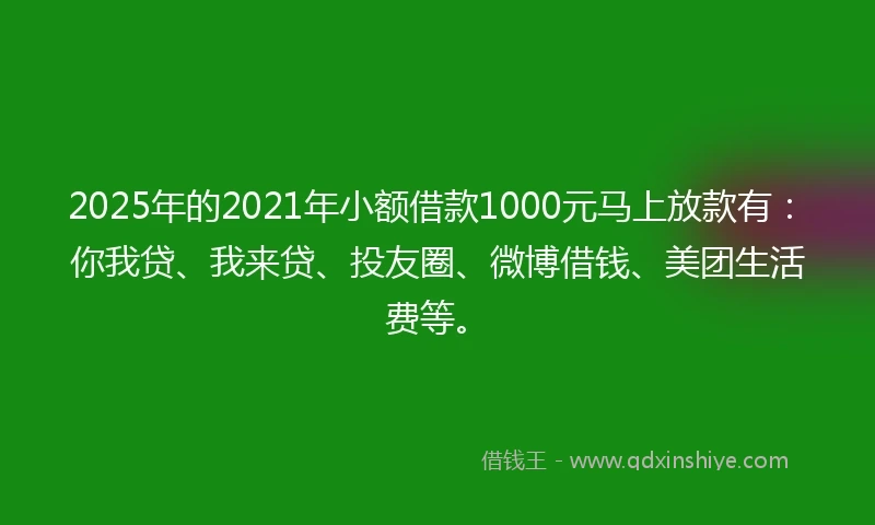 2025年的2021年小额借款1000元马上放款有：你我贷、我来贷、投友圈、微博借钱、美团生活费等。