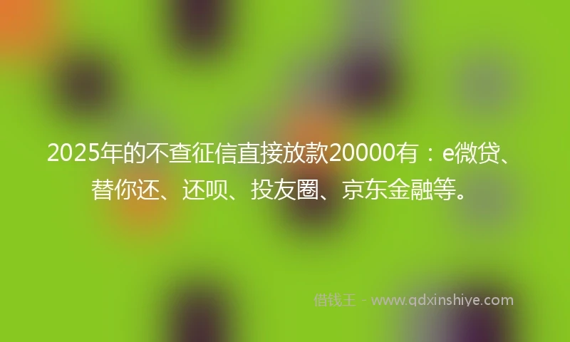 2025年的不查征信直接放款20000有：e微贷、替你还、还呗、投友圈、京东金融等。
