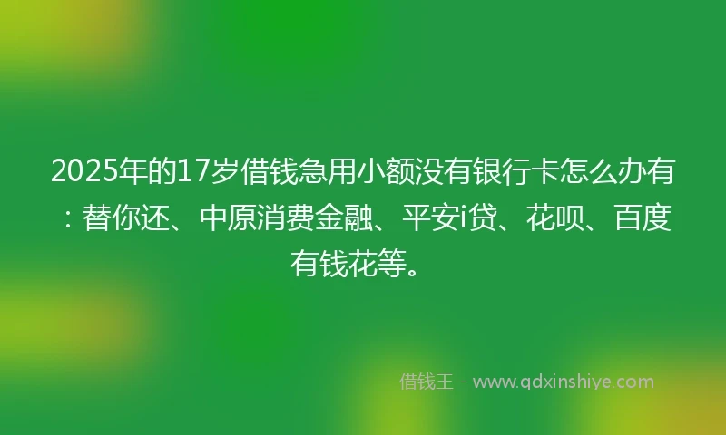 2025年的17岁借钱急用小额没有银行卡怎么办有：替你还、中原消费金融、平安i贷、花呗、百度有钱花等。