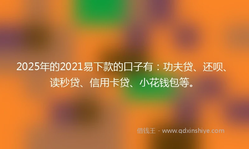 2025年的2021易下款的口子有：功夫贷、还呗、读秒贷、信用卡贷、小花钱包等。