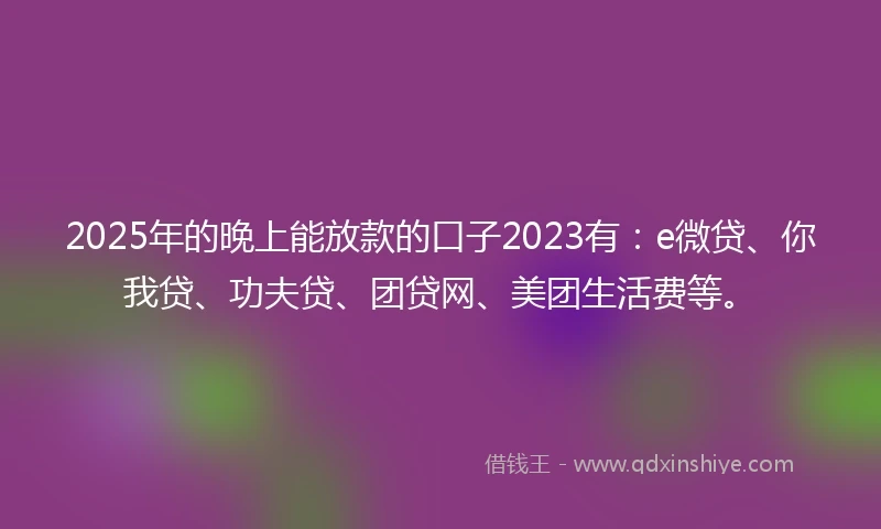 2025年的晚上能放款的口子2023有：e微贷、你我贷、功夫贷、团贷网、美团生活费等。