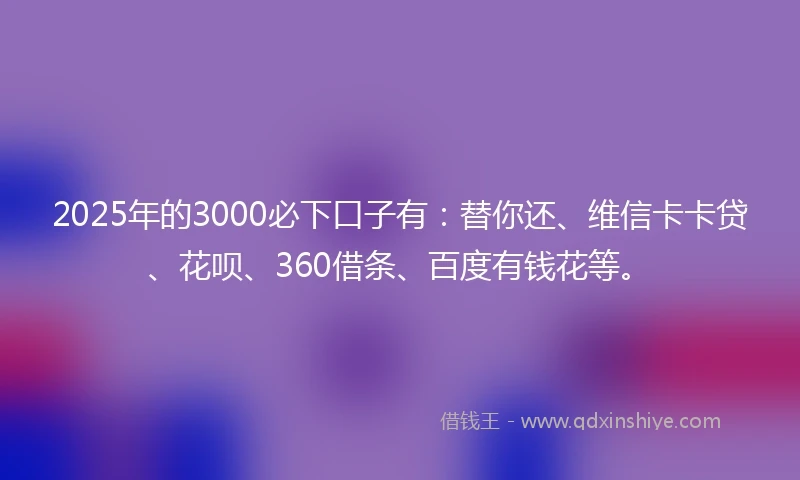 2025年的3000必下口子有：替你还、维信卡卡贷、花呗、360借条、百度有钱花等。