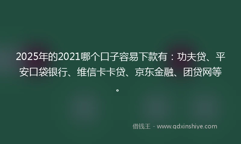 2025年的2021哪个口子容易下款有：功夫贷、平安口袋银行、维信卡卡贷、京东金融、团贷网等。