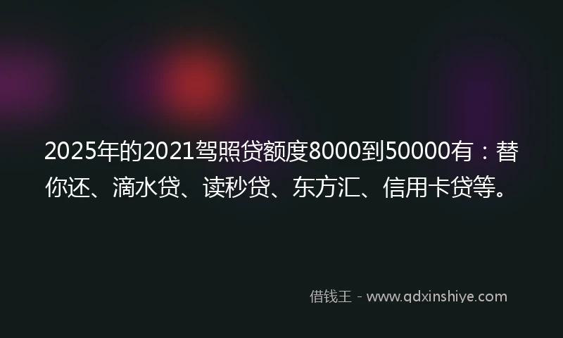 2025年的2021驾照贷额度8000到50000有：替你还、滴水贷、读秒贷、东方汇、信用卡贷等。