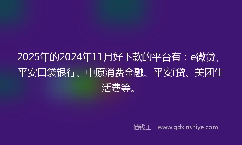 2025年的2024年11月好下款的平台有：e微贷、平安口袋银行、中原消费金融、平安i贷、美团生活费等。