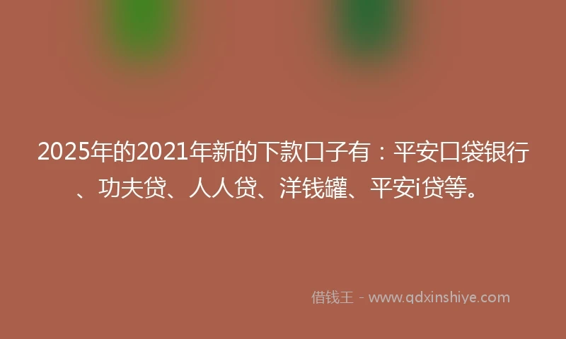 2025年的2021年新的下款口子有：平安口袋银行、功夫贷、人人贷、洋钱罐、平安i贷等。