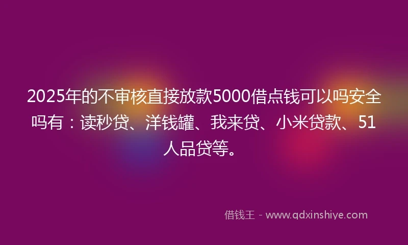 2025年的不审核直接放款5000借点钱可以吗安全吗有：读秒贷、洋钱罐、我来贷、小米贷款、51人品贷等。