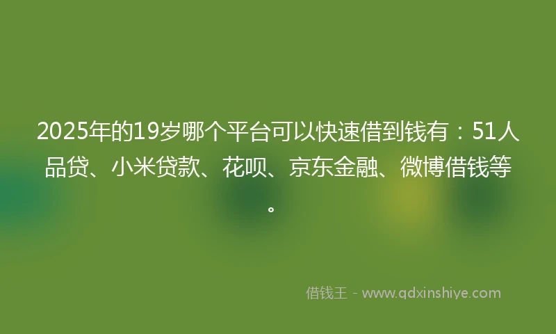 2025年的19岁哪个平台可以快速借到钱有：51人品贷、小米贷款、花呗、京东金融、微博借钱等。
