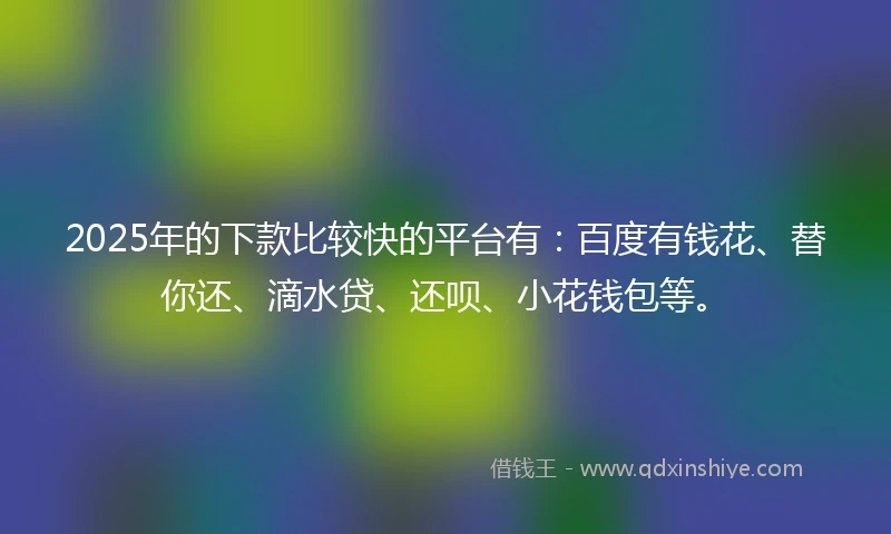 2025年的下款比较快的平台有：百度有钱花、替你还、滴水贷、还呗、小花钱包等。