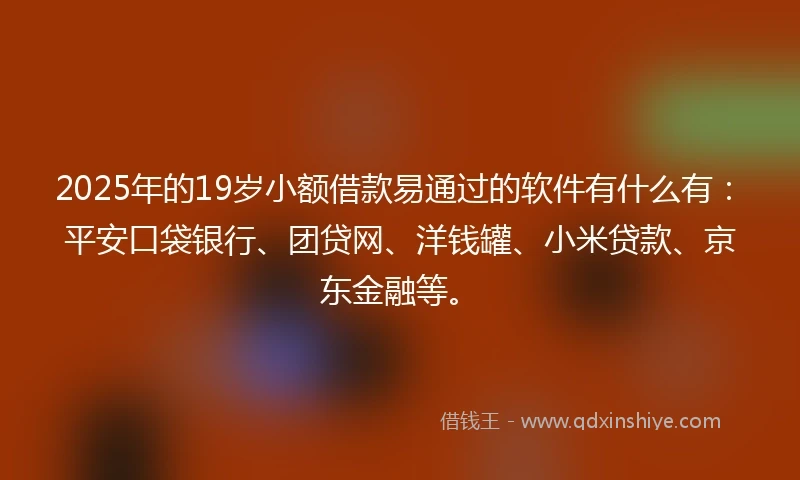 2025年的19岁小额借款易通过的软件有什么有：平安口袋银行、团贷网、洋钱罐、小米贷款、京东金融等。
