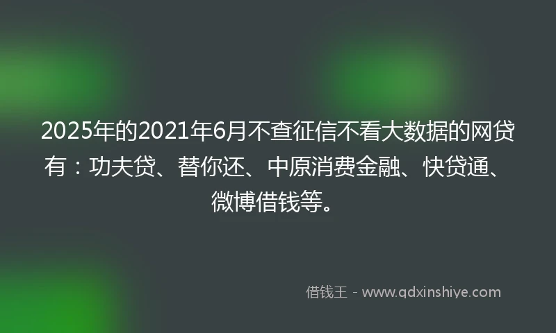 2025年的2021年6月不查征信不看大数据的网贷有：功夫贷、替你还、中原消费金融、快贷通、微博借钱等。