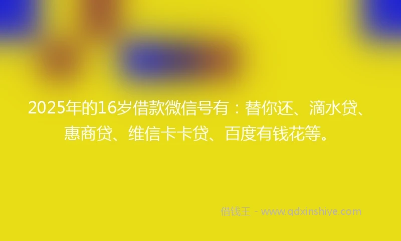 2025年的16岁借款微信号有：替你还、滴水贷、惠商贷、维信卡卡贷、百度有钱花等。