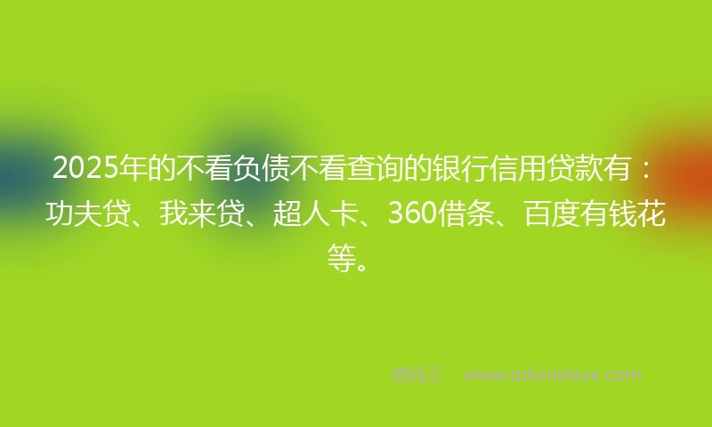 2025年的不看负债不看查询的银行信用贷款有：功夫贷、我来贷、超人卡、360借条、百度有钱花等。