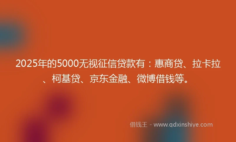 2025年的5000无视征信贷款有：惠商贷、拉卡拉、柯基贷、京东金融、微博借钱等。
