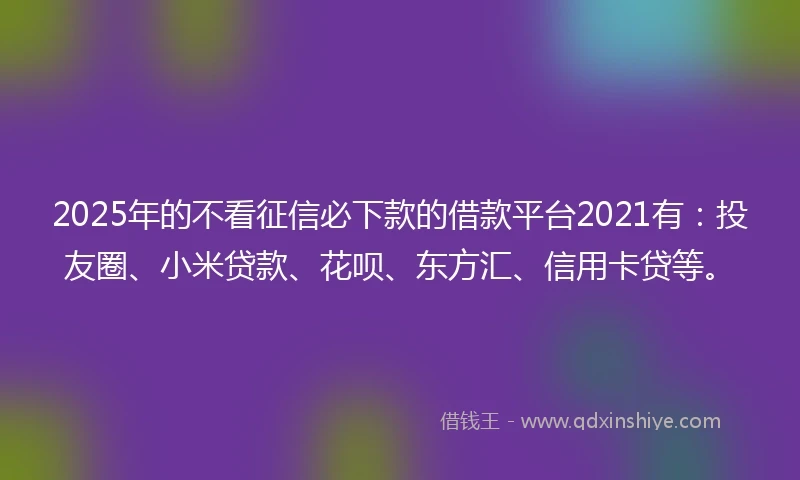 2025年的不看征信必下款的借款平台2021有：投友圈、小米贷款、花呗、东方汇、信用卡贷等。
