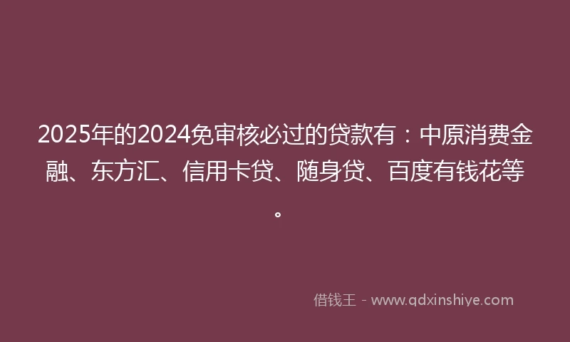 2025年的2024免审核必过的贷款有：中原消费金融、东方汇、信用卡贷、随身贷、百度有钱花等。
