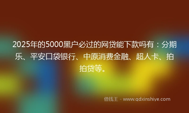 2025年的5000黑户必过的网贷能下款吗有：分期乐、平安口袋银行、中原消费金融、超人卡、拍拍贷等。