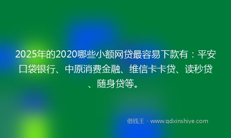 2025年的2020哪些小额网贷最容易下款有：平安口袋银行、中原消费金融、维信卡卡贷、读秒贷、随身贷等。