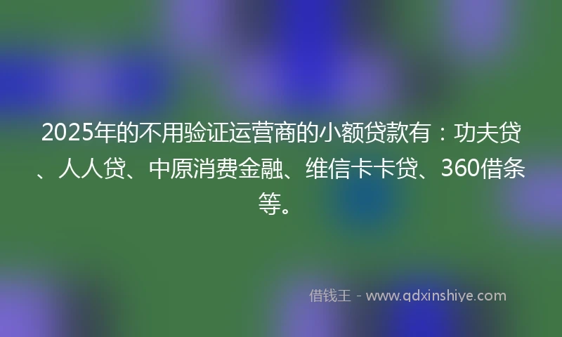 2025年的不用验证运营商的小额贷款有：功夫贷、人人贷、中原消费金融、维信卡卡贷、360借条等。