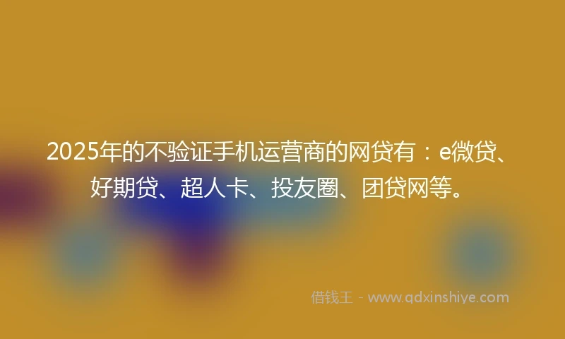 2025年的不验证手机运营商的网贷有：e微贷、好期贷、超人卡、投友圈、团贷网等。