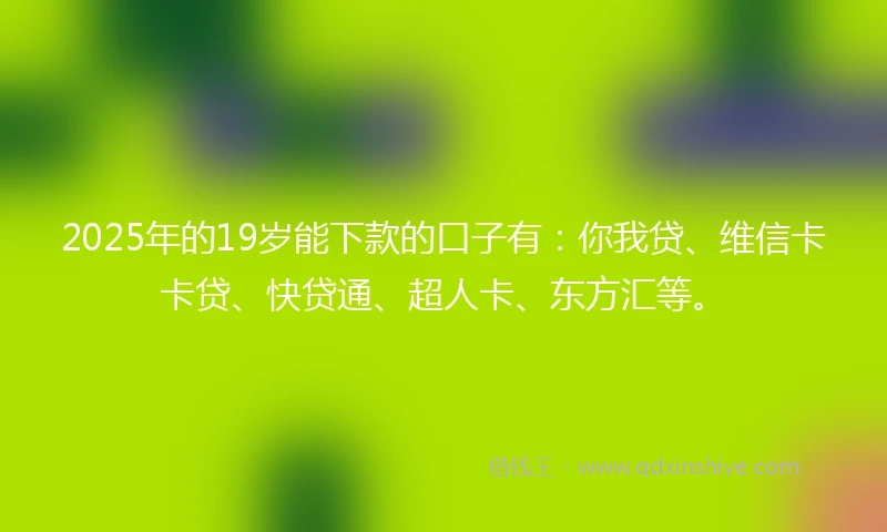 2025年的19岁能下款的口子有：你我贷、维信卡卡贷、快贷通、超人卡、东方汇等。