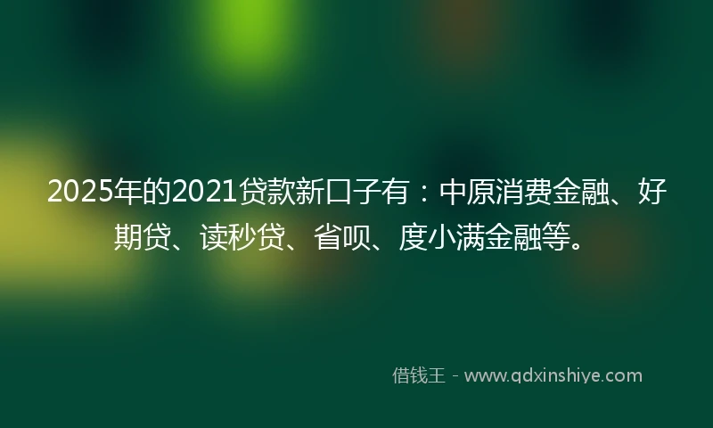 2025年的2021贷款新口子有：中原消费金融、好期贷、读秒贷、省呗、度小满金融等。