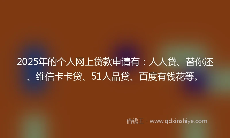 2025年的个人网上贷款申请有：人人贷、替你还、维信卡卡贷、51人品贷、百度有钱花等。