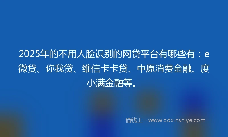 2025年的不用人脸识别的网贷平台有哪些有：e微贷、你我贷、维信卡卡贷、中原消费金融、度小满金融等。