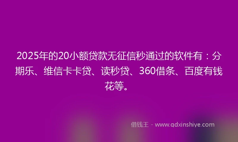 2025年的20小额贷款无征信秒通过的软件有：分期乐、维信卡卡贷、读秒贷、360借条、百度有钱花等。