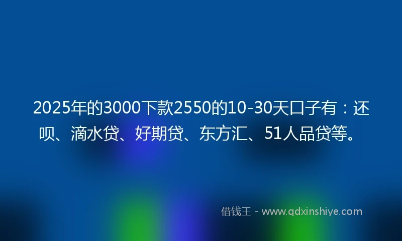 2025年的3000下款2550的10-30天口子有：还呗、滴水贷、好期贷、东方汇、51人品贷等。