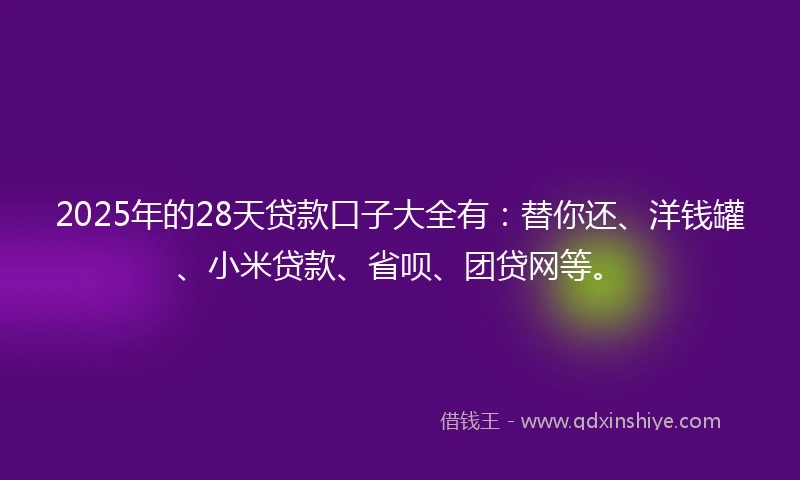 2025年的28天贷款口子大全有：替你还、洋钱罐、小米贷款、省呗、团贷网等。