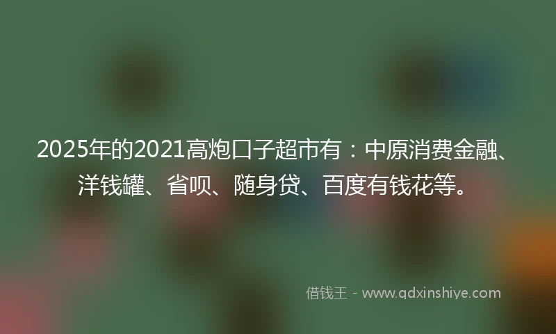 2025年的2021高炮口子超市有：中原消费金融、洋钱罐、省呗、随身贷、百度有钱花等。