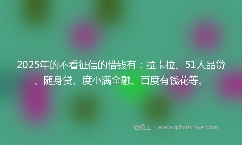 2025年的不看征信的借钱有：拉卡拉、51人品贷、随身贷、度小满金融、百度有钱花等。