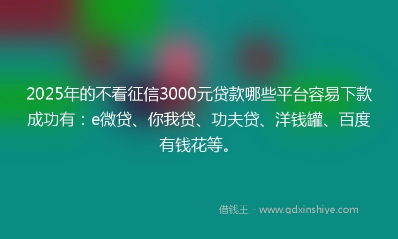 2025年的不看征信3000元贷款哪些平台容易下款成功有：e微贷、你我贷、功夫贷、洋钱罐、百度有钱花等。
