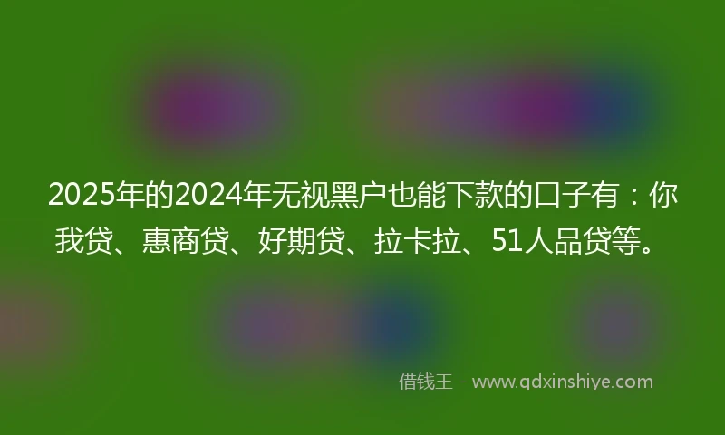 2025年的2024年无视黑户也能下款的口子有：你我贷、惠商贷、好期贷、拉卡拉、51人品贷等。
