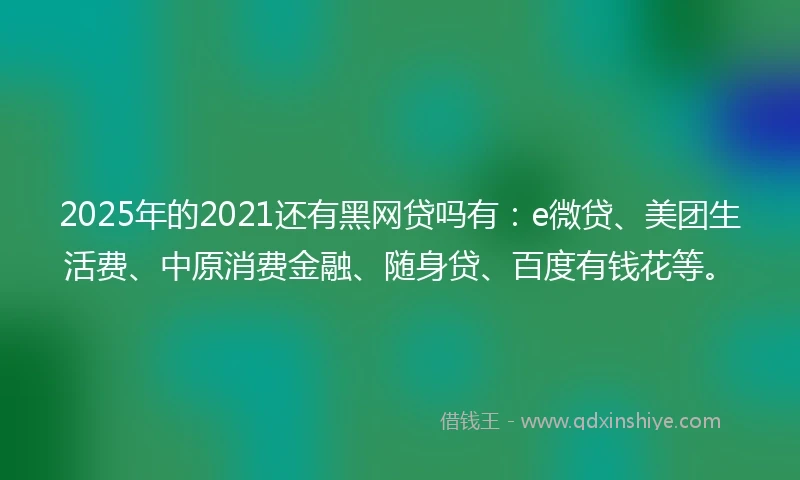 2025年的2021还有黑网贷吗有：e微贷、美团生活费、中原消费金融、随身贷、百度有钱花等。