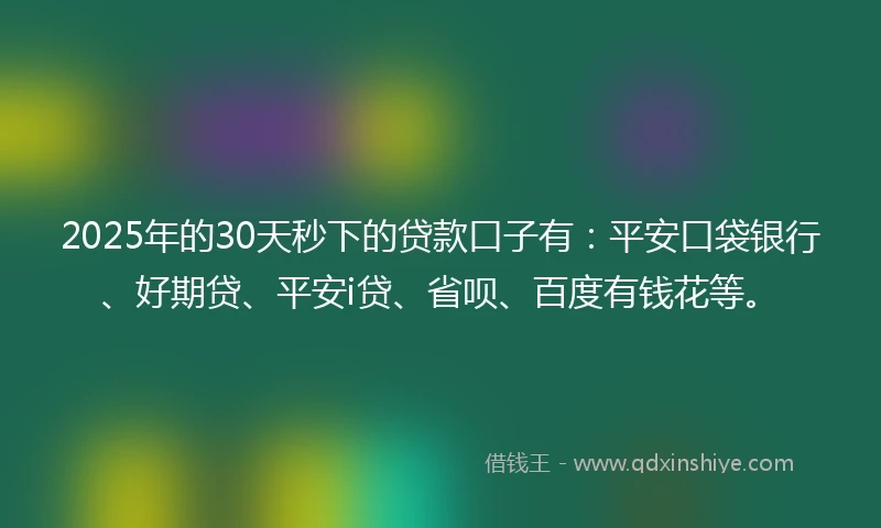 2025年的30天秒下的贷款口子有：平安口袋银行、好期贷、平安i贷、省呗、百度有钱花等。