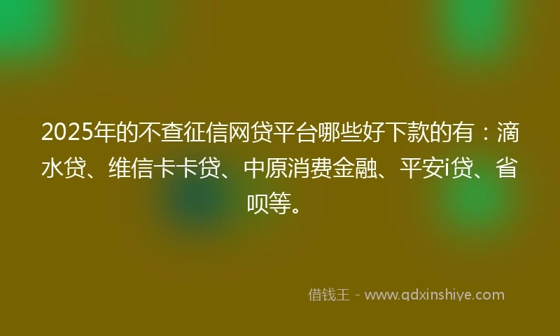 2025年的不查征信网贷平台哪些好下款的有：滴水贷、维信卡卡贷、中原消费金融、平安i贷、省呗等。