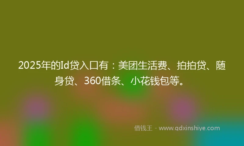 2025年的Id贷入口有：美团生活费、拍拍贷、随身贷、360借条、小花钱包等。