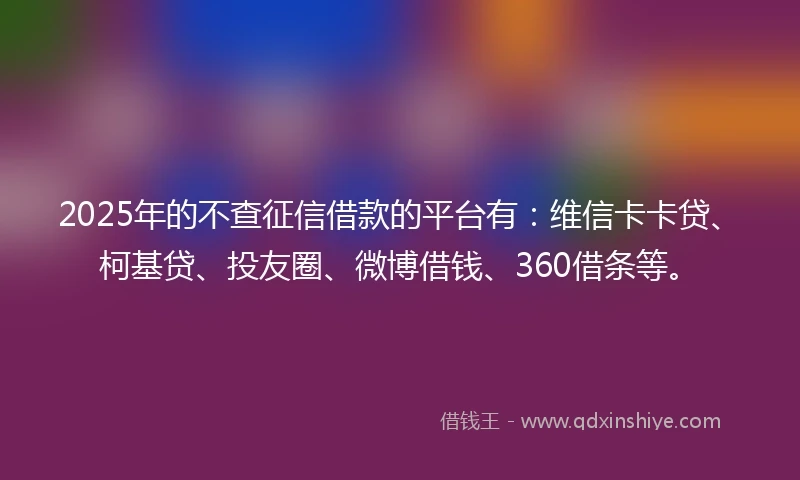 2025年的不查征信借款的平台有：维信卡卡贷、柯基贷、投友圈、微博借钱、360借条等。