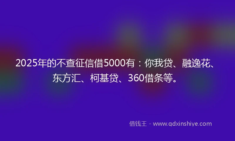 2025年的不查征信借5000有：你我贷、融逸花、东方汇、柯基贷、360借条等。