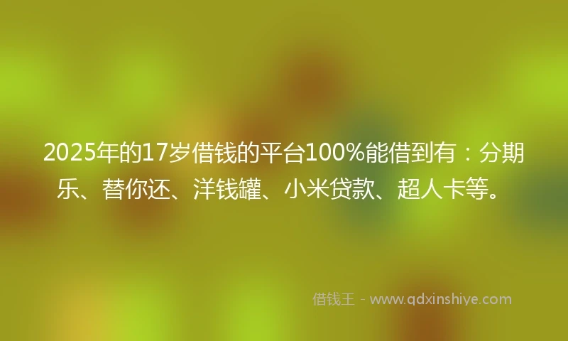 2025年的17岁借钱的平台100%能借到有：分期乐、替你还、洋钱罐、小米贷款、超人卡等。