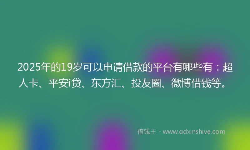 2025年的19岁可以申请借款的平台有哪些有：超人卡、平安i贷、东方汇、投友圈、微博借钱等。