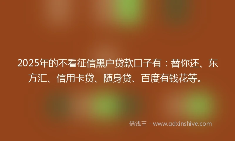 2025年的不看征信黑户贷款口子有：替你还、东方汇、信用卡贷、随身贷、百度有钱花等。