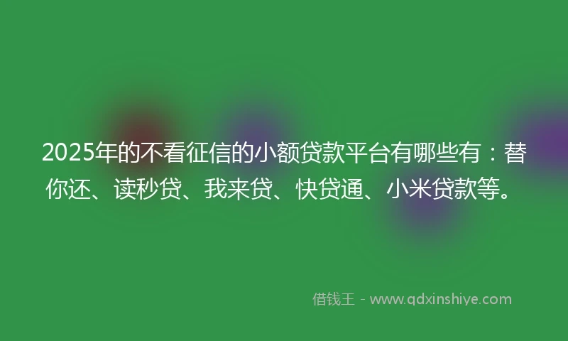 2025年的不看征信的小额贷款平台有哪些有：替你还、读秒贷、我来贷、快贷通、小米贷款等。